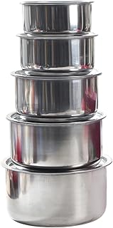 Set of five stainless steel sauce pots with lids