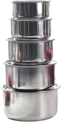Set of five stainless steel sauce pots with lids