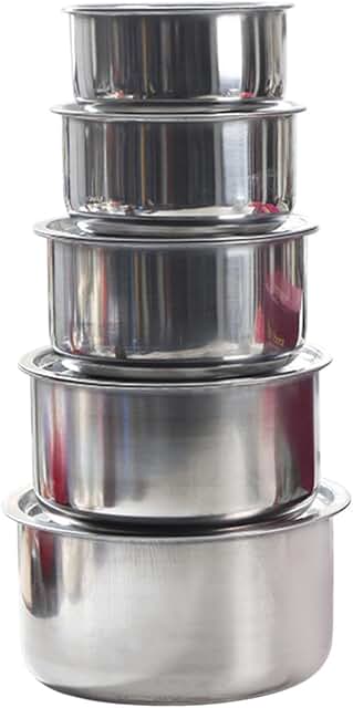 Set of five stainless steel sauce pots with lids