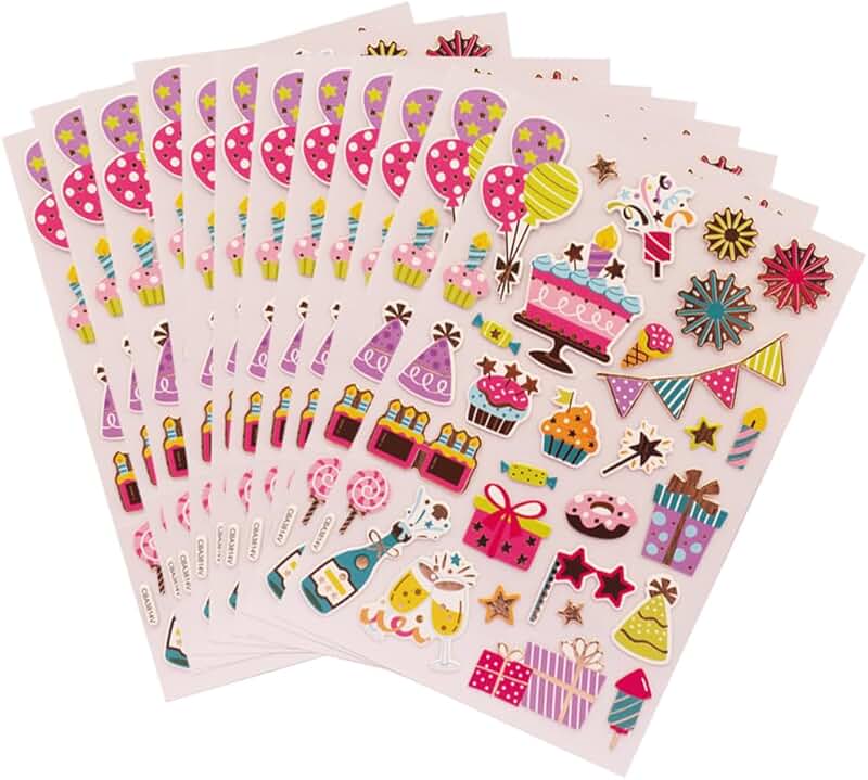 Set of 12 colorful birthday chipboard sticker sheets