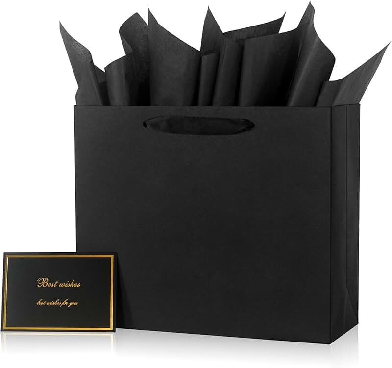 Elegant black gift bag with ribbon handles and accessories