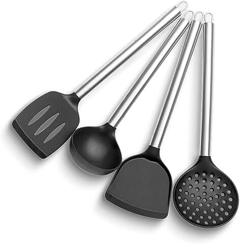 Set of four high-heat resistant stainless steel and silicone spatulas