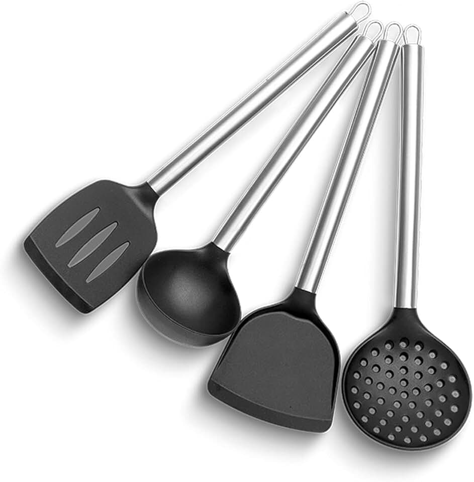 Set of four high-heat resistant stainless steel and silicone spatulas