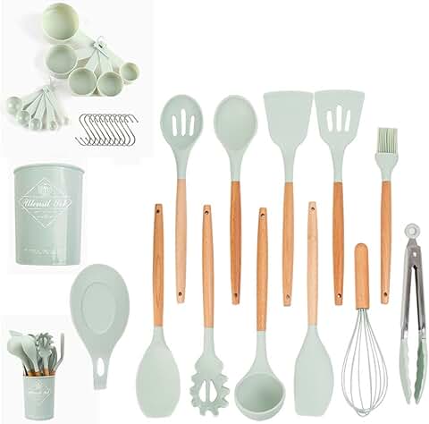 34-Piece Light Green Silicone Cookware Set with Wooden Handles