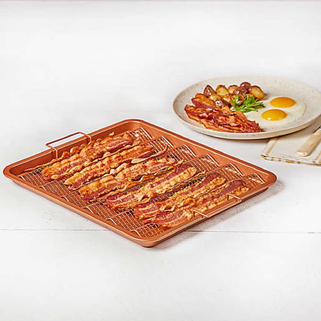 CopperChef Non-stick Baking Sheet/Air Frier/Toaster Oven Pan with Free Crisper/Bacon Crisper, Copper Finish