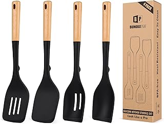 Set of 4 Silicone Kitchen Utensils with Wooden Handles