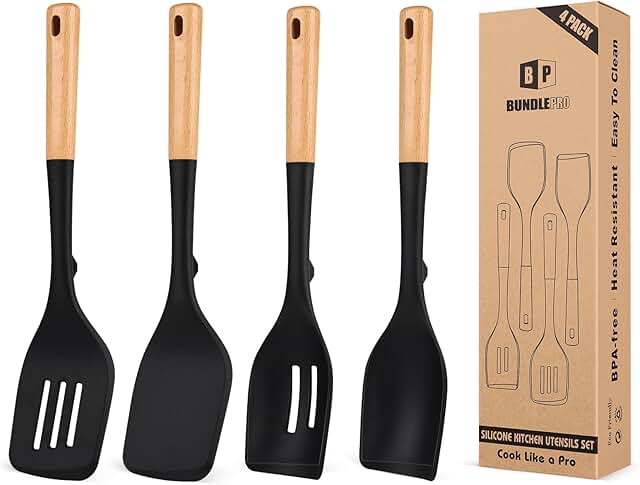 Set of 4 Silicone Kitchen Utensils with Wooden Handles
