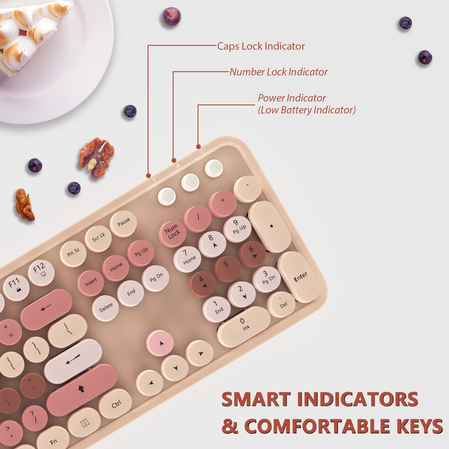 Brown Wireless Keyboard and Mouse Combo,Colorful Retro Wireless Keyboard with Round Keycaps, 2.4GHz Dropout-Free Connection, Cute Wireless Mouse Compatible with PC/Laptop/Computer (MilkTea Color)