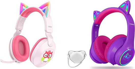 Kids Bluetooth Headphones with Cat Ears and LED Lights