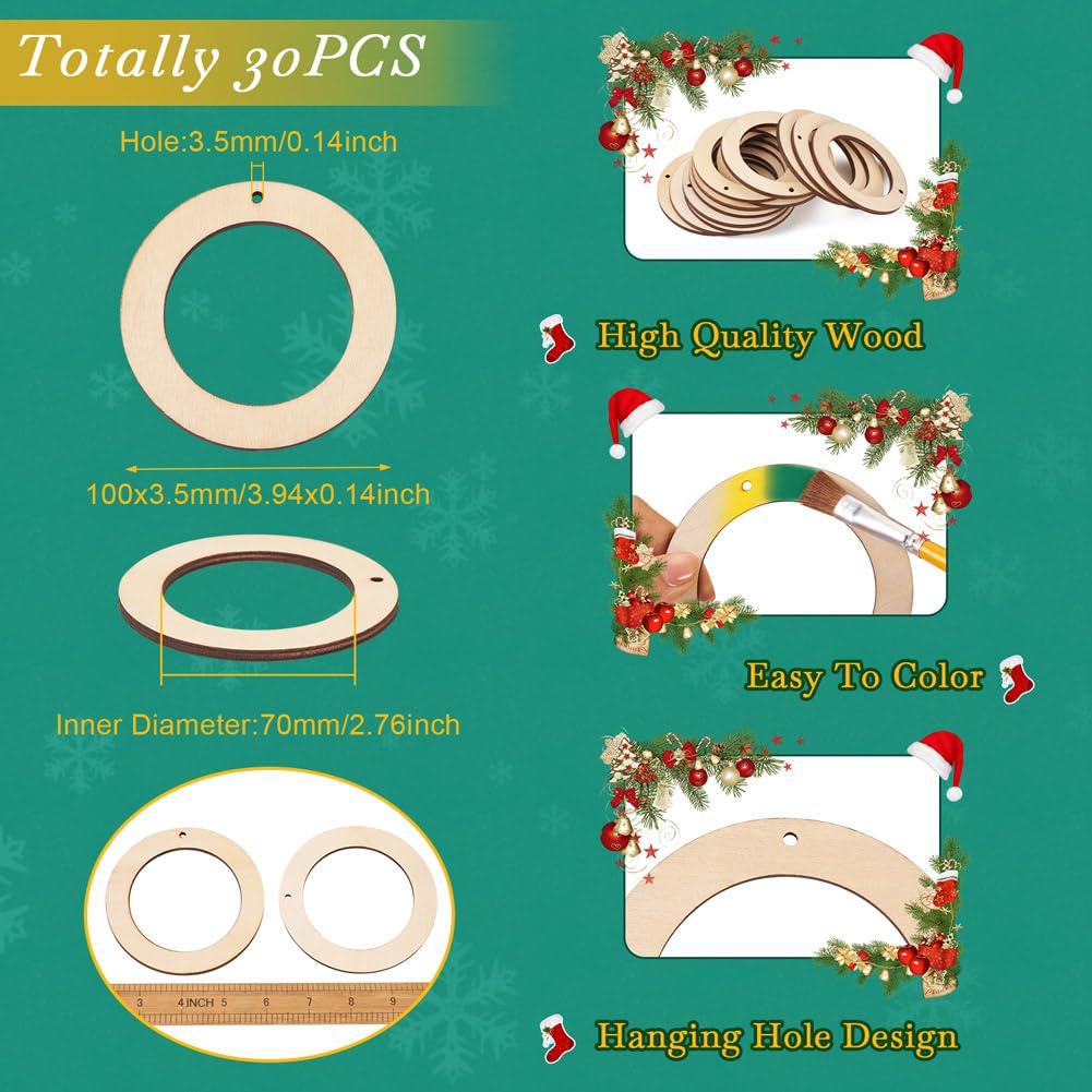 30pcs 4" Unfinished Wooden Wreath Frames Natural Wood Rings