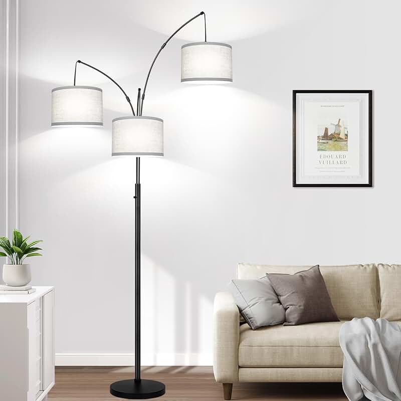 Dimmable 3-Light Arc Floor Lamp with Gray Shade
