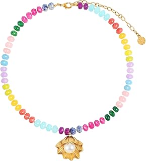Colorful Gemstone Necklace with Gold Shell Pearl Pendant