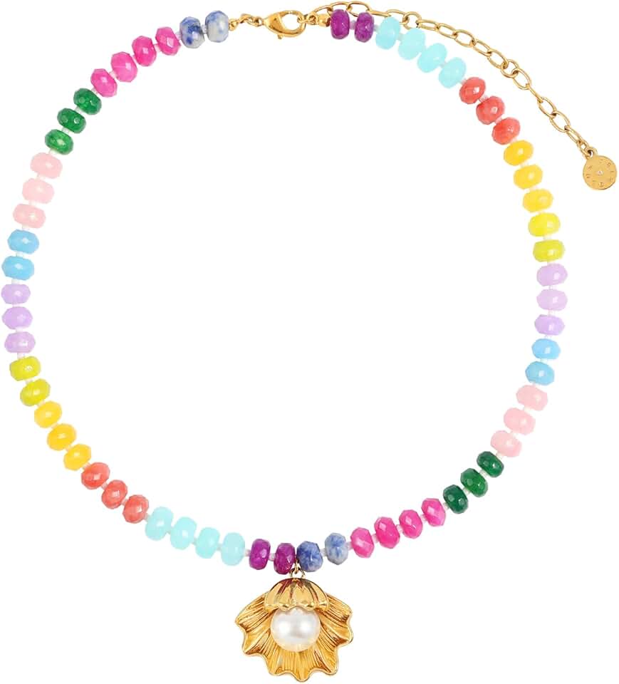 Colorful Gemstone Necklace with Gold Shell Pearl Pendant