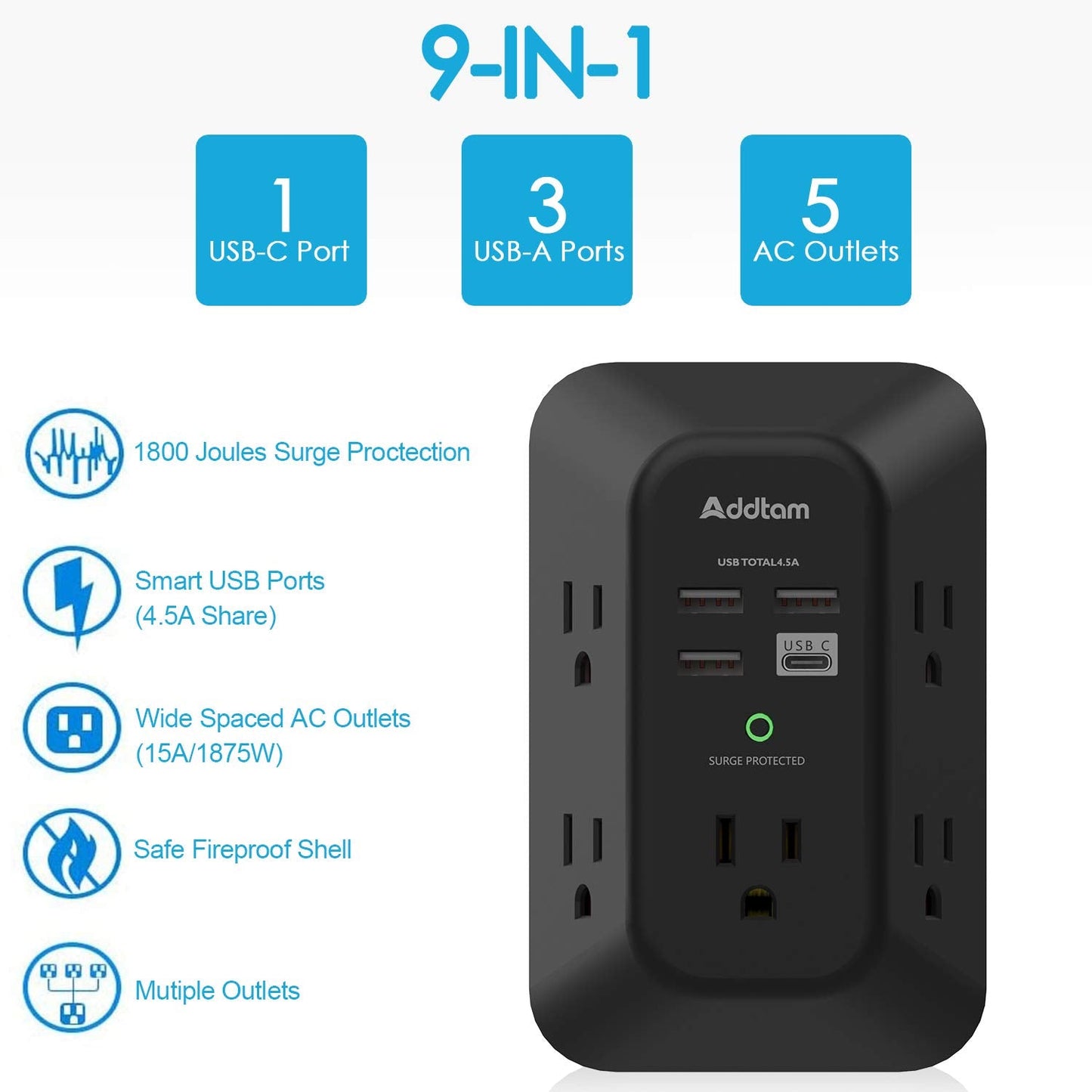USB Wall Charger Surge Protector - 5 Outlet Extender with 4 USB Charging Ports ( 1 USB C), 3-Sided 1800J Power Strip Multi Plug Outlets Adapter Widely Spaced,Black