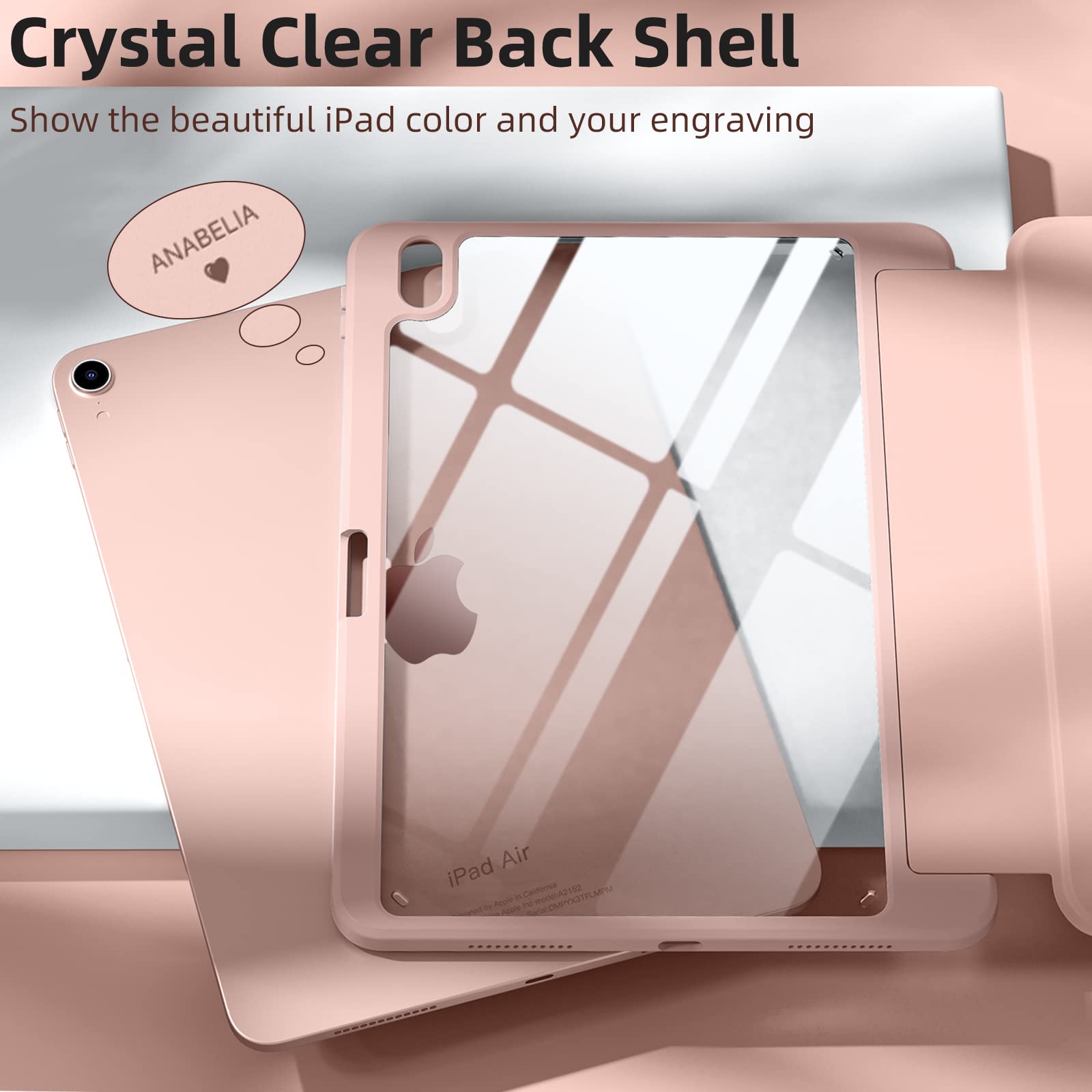Case Compatible with iPad Air 5th Generation (2022) / iPad Air 4th Generation (2020) 10.9 Inch with Pencil Holder, for iPad Air 5/4 Case, Slim Smart Cover with Clear Back Shell, Rose Pink