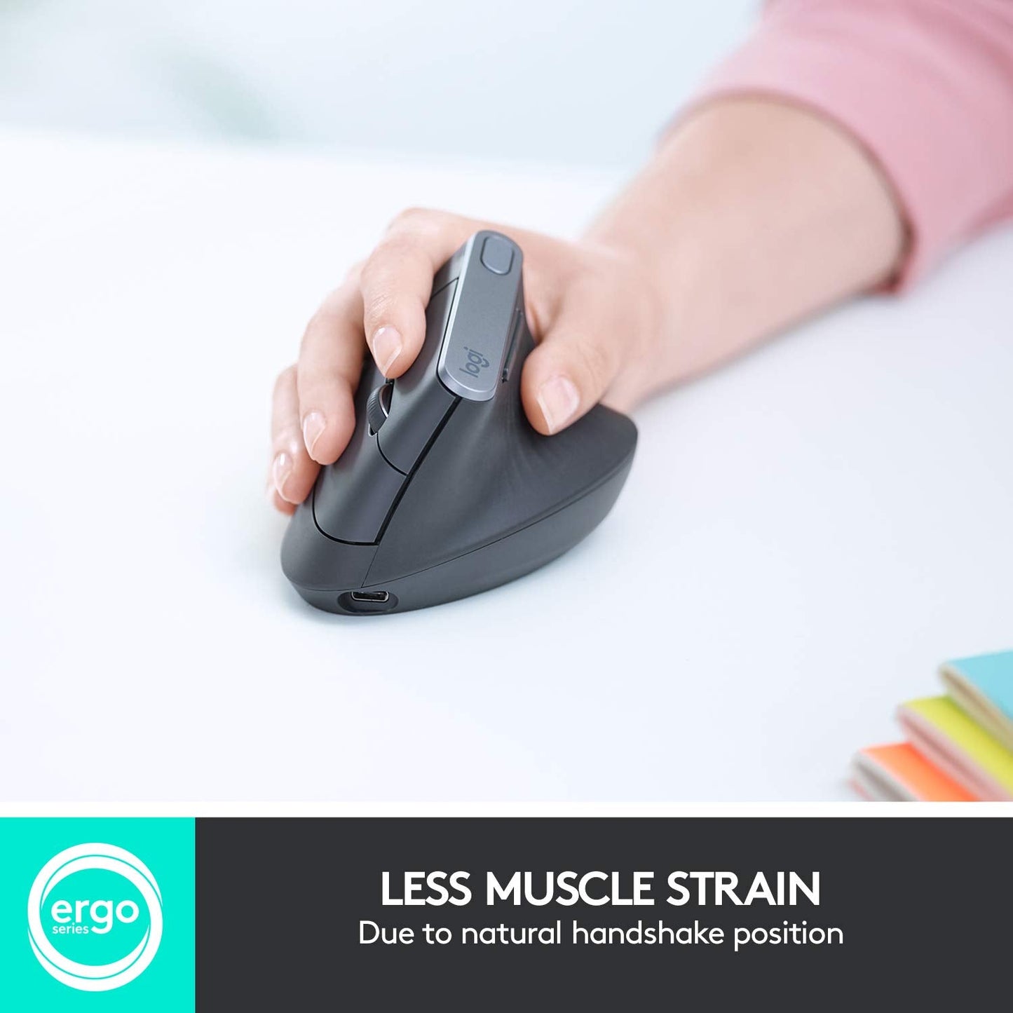 MX Vertical Wireless Mouse - Advanced Ergonomic Design Reduces Muscle Strain, Control and Move Content Between 3 Windows and Apple Computers (Bluetooth or USB), Rechargeable, Graphite