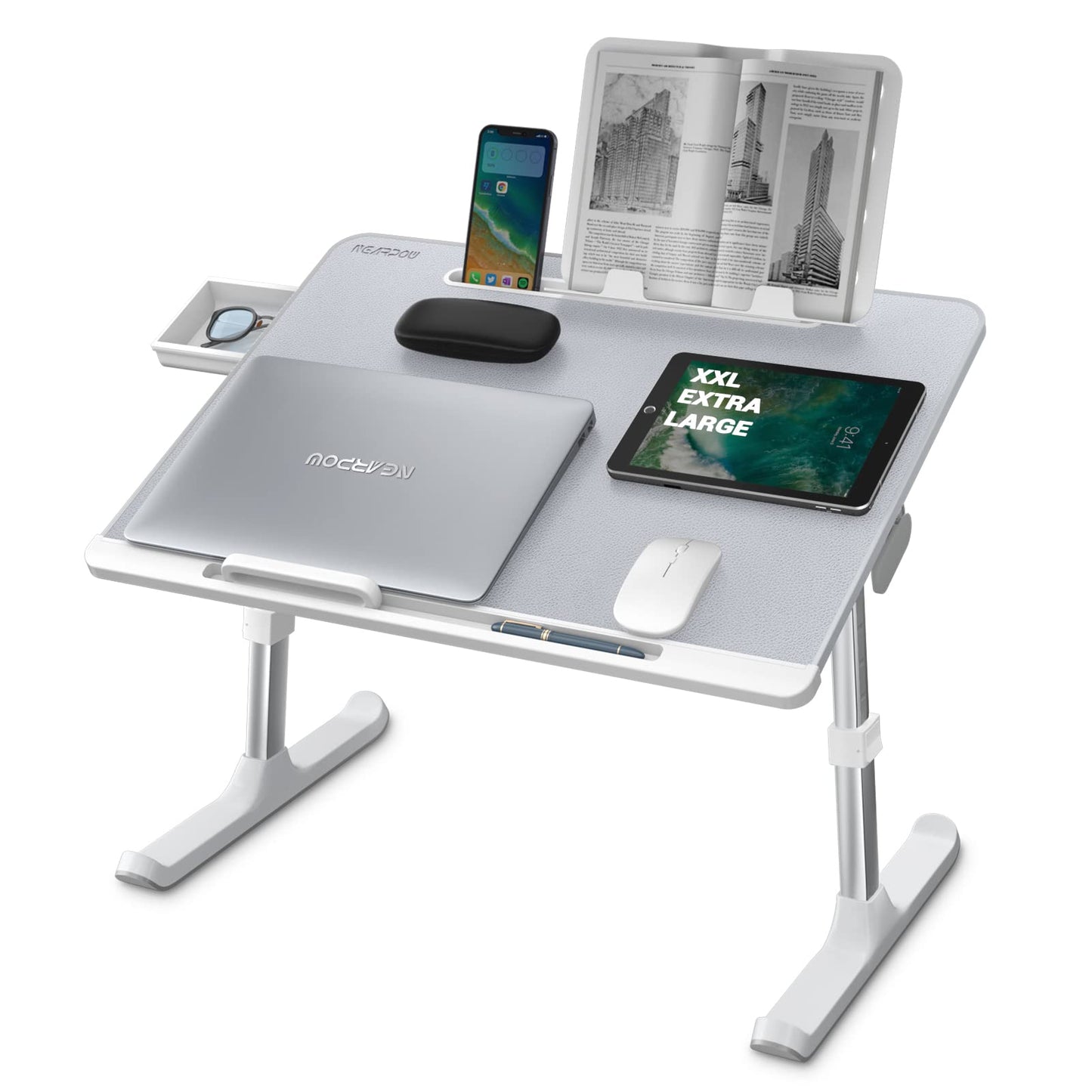 Laptop Desk for Bed, XXL Bed Table Bed Desk for Laptop and Writing, Adjustable Computer Tray Laptop Stand for Bed or Sofa with Anti-slip Leather, Removable Stopper, Book Stand and Drawer- Gray