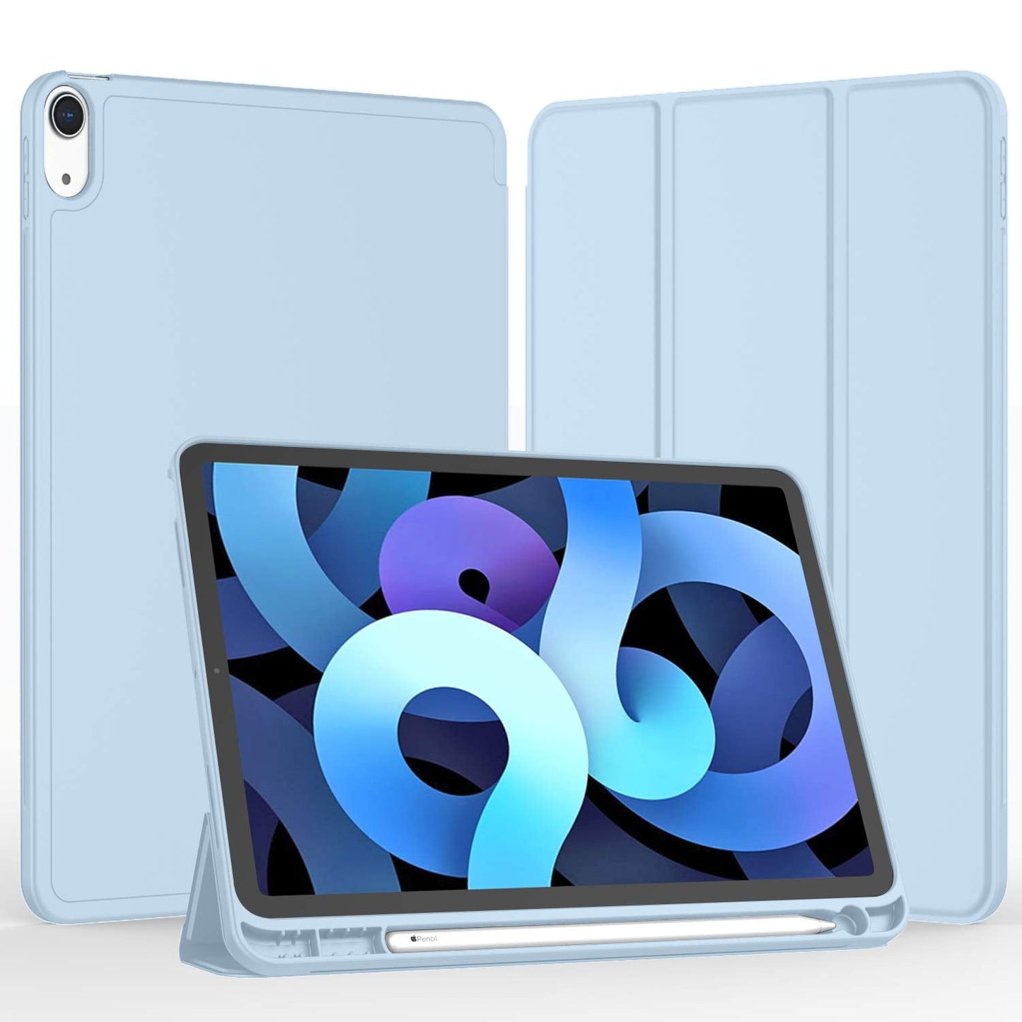 New iPad Air 5th Generation Case 2022/iPad Air 4th Generation Case 2020 10.9 Inch with Pencil Holder [Support Touch ID and iPad 2nd Pencil Charging], Trifold Stand Smart Case (Sky Blue)