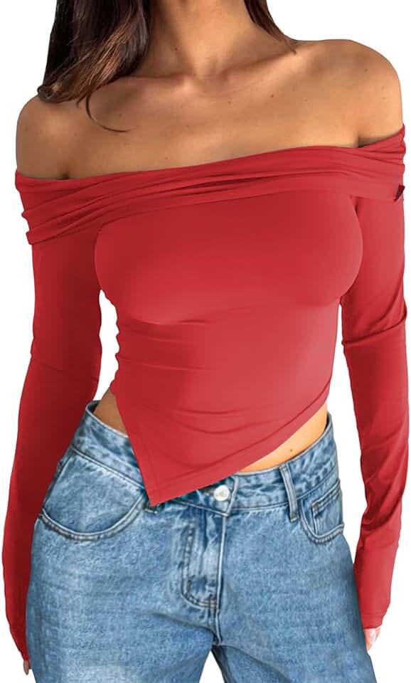 Off Shoulder Long Sleeve Crop Top for Women