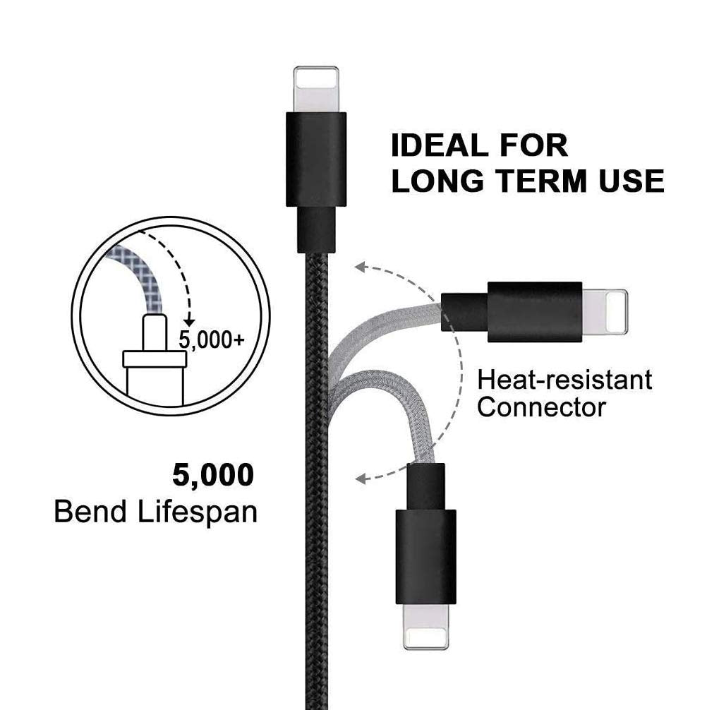 Compatible Phone Cable, [2Pack] 2FT Nylon Braided Fast Charging USB Cord Replacement for Phone X 8 8 Plus 7 7 Plus 6s 6s Plus 6 6 Plus 5 5S 5C SE Pad Air Mini and More (2 Pack Black, 2 FT)