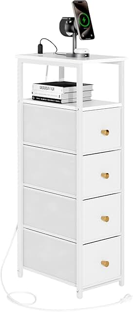 Slim storage cabinet with four drawers and charging station