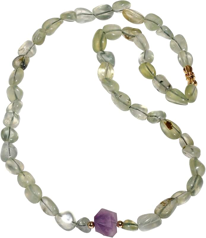 Green Prehnite and Raw Amethyst Beaded Necklace for Women