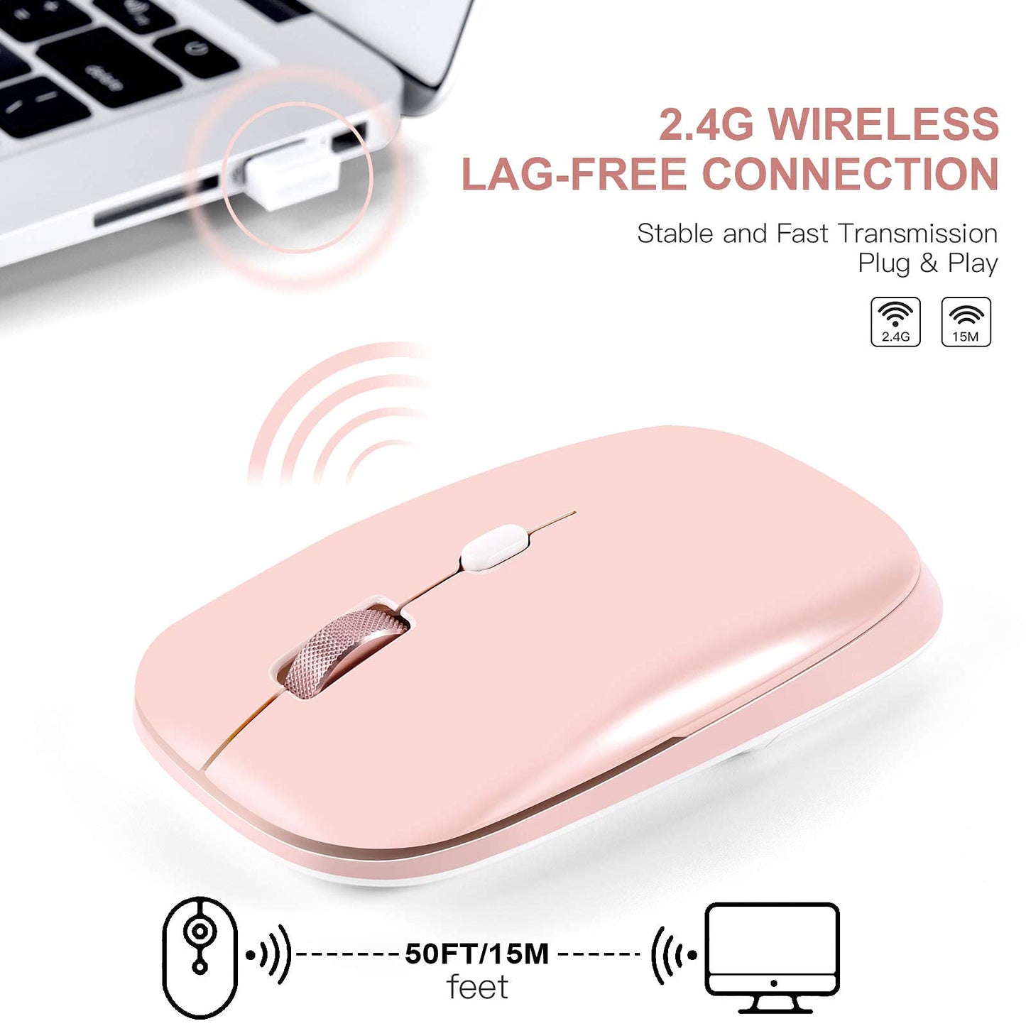 Wireless Mouse, 2.4G Slim Silent Cordless Mouse with USB Receiver, 3 Adjustable DPI Portable Optical Wireless Computer Mice for Laptop, PC, Notebook, Computer, Deskbtop, MacBook - (Pink)