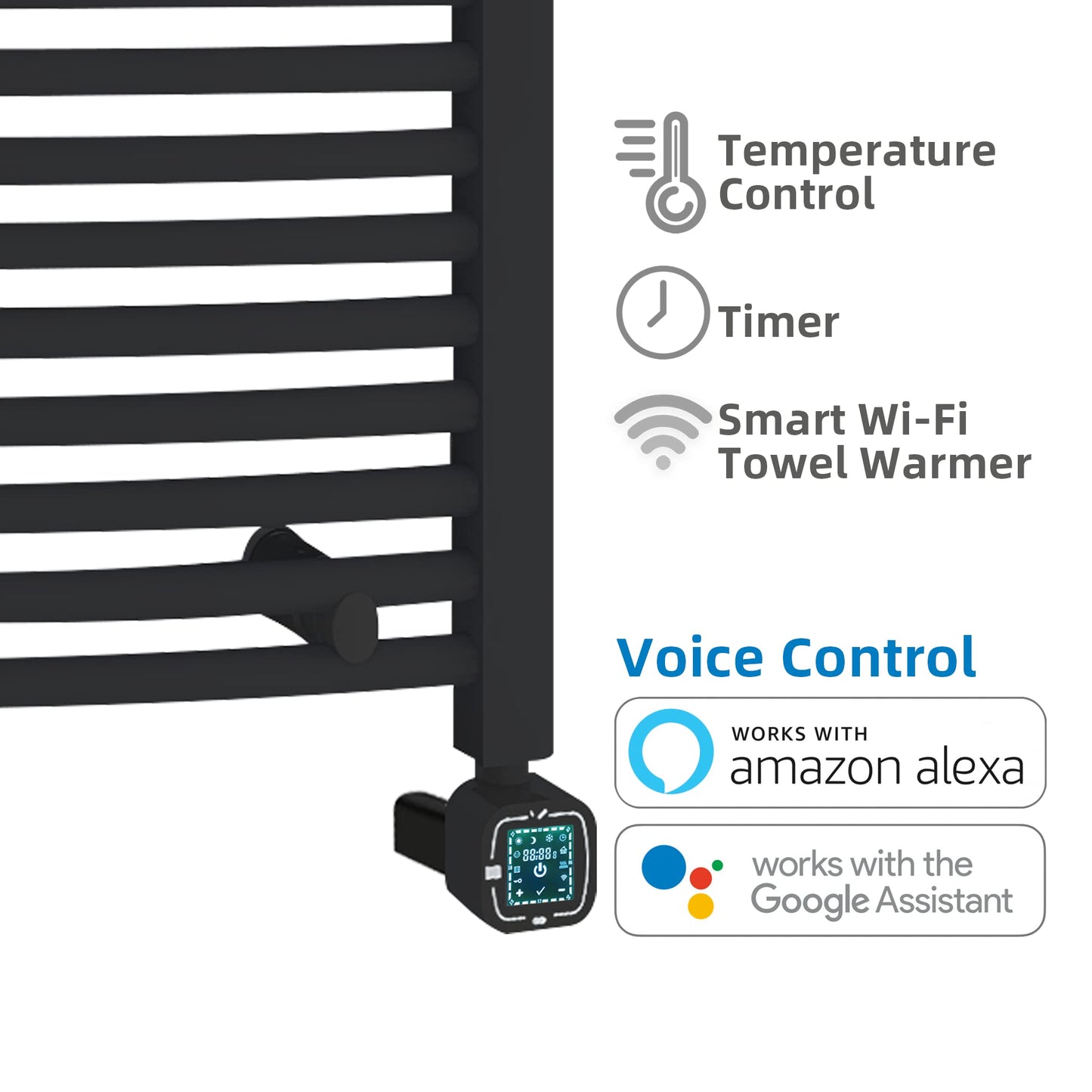 HEAT E Smart Towel Warmer with Timer and Temperature Control, Smart Liquid Filled Towel Rails, Plug-in/Hardwired Wall-Mounted Towel Heater Rack Compatible with and Google Home, Matte Black