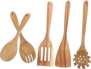 Set of five wooden cooking spoons and spatulas