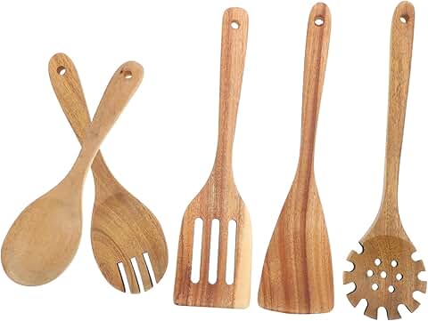 Set of five wooden cooking spoons and spatulas