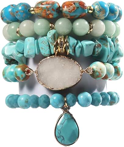 Set of five boho beaded gemstone bracelets for men and women