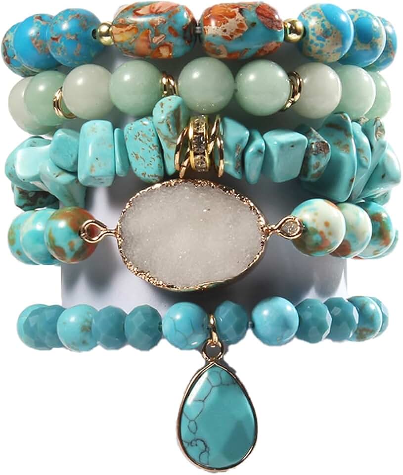 Set of five boho beaded gemstone bracelets for men and women