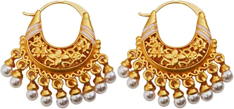 Vintage Chinese Style Hoop Earrings with Agate Beads and Pearl Tassels