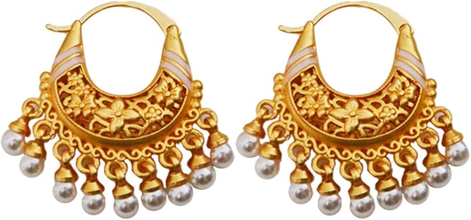 Vintage Chinese Style Hoop Earrings with Agate Beads and Pearl Tassels