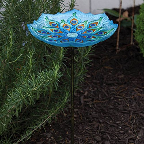 Stunning and Intricate Peacock Inspired Gl Bird Bath Bowl with Metal Stake  11 Long x 11" Wide x 26.75" High