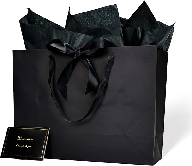 Six large reusable gift bags with tissue, ribbon, and card
