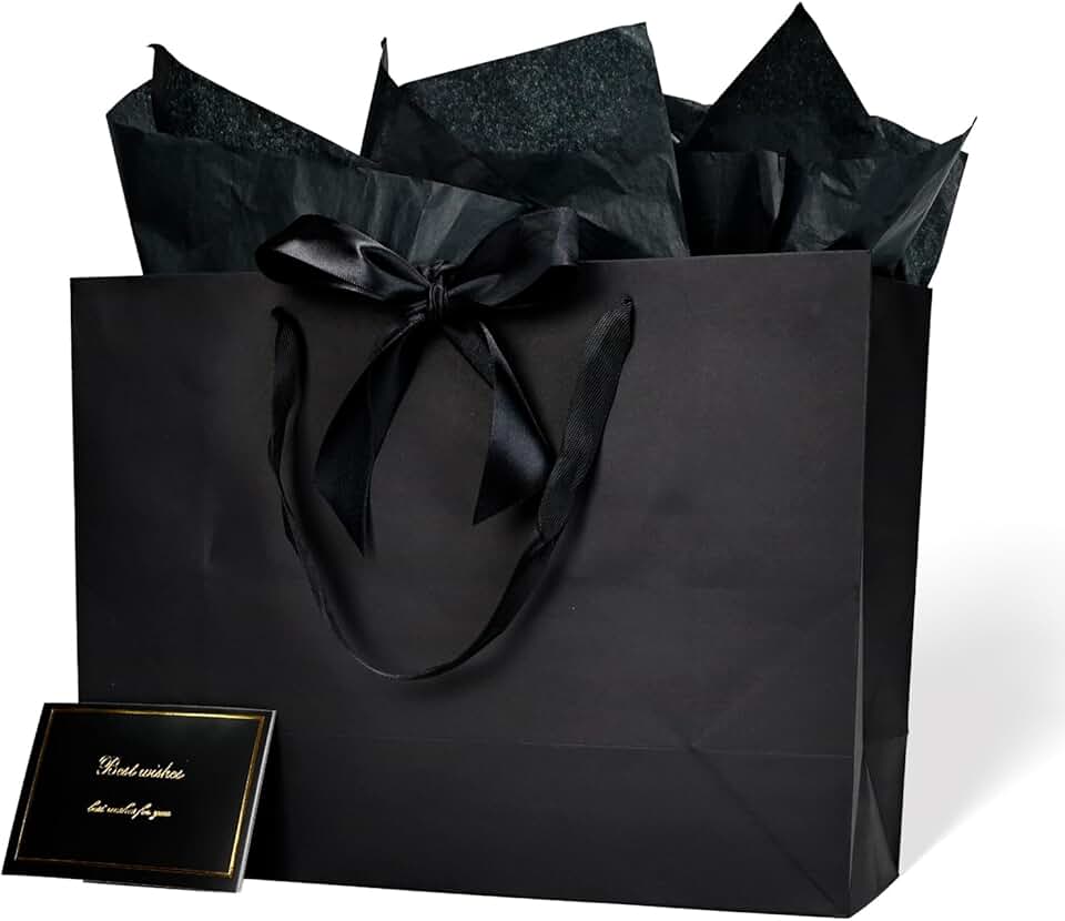 Six large reusable gift bags with tissue, ribbon, and card