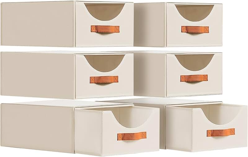 Six Beige Stackable Fabric Storage Bins