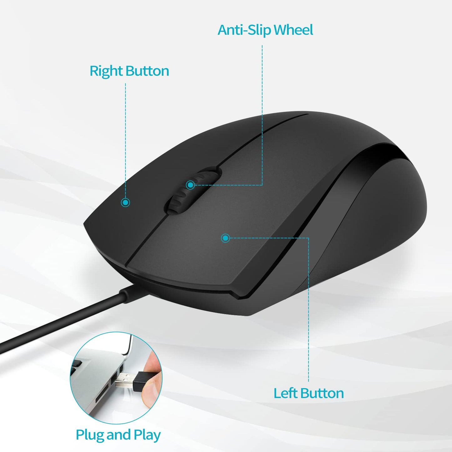 Silent Wired Mouse, 1000 DPI 5ft Cord Quiet Button Optical Computer Mouse, Left Right Hand Use, for Laptop Chromebook Mac Notebook, Matte Black