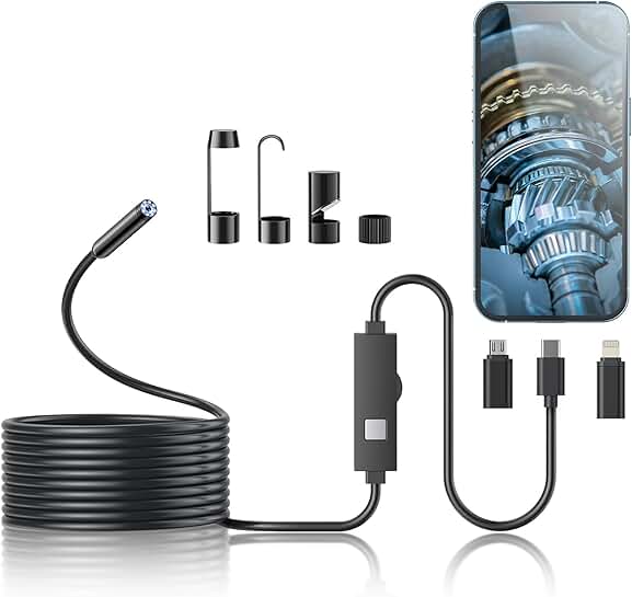 HD Endoscope Camera with Light, 16.4ft Semi-Rigid Borescope