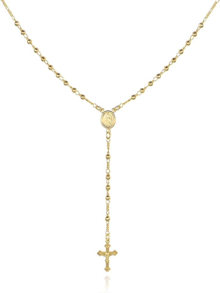 Gold Plated Virgin Mary Rosary Bead Cross Necklace