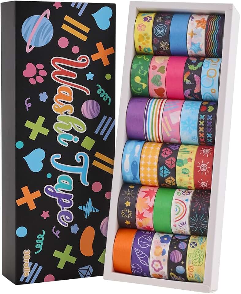 Set of 30 Colorful Washi Tapes with Patterns, Writable, 0.6" x 79"
