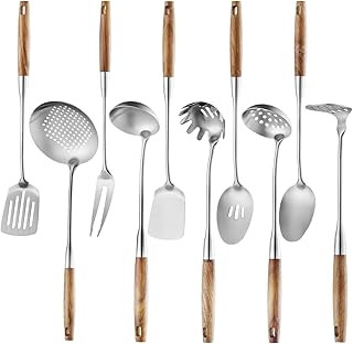 Set of 10 Stainless Steel Cooking Utensils with Wooden Handles