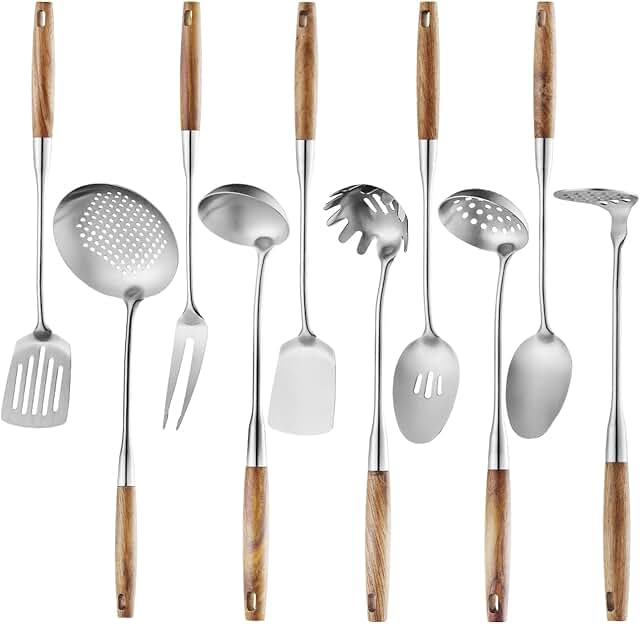 Set of 10 Stainless Steel Cooking Utensils with Wooden Handles