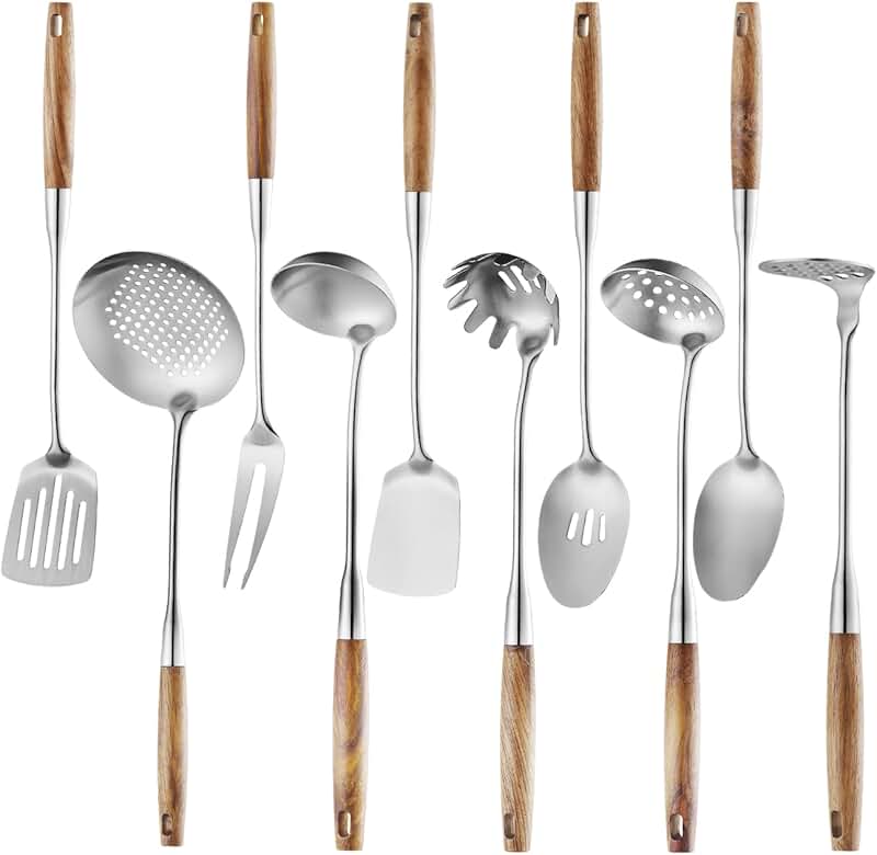 Set of 10 Stainless Steel Cooking Utensils with Wooden Handles