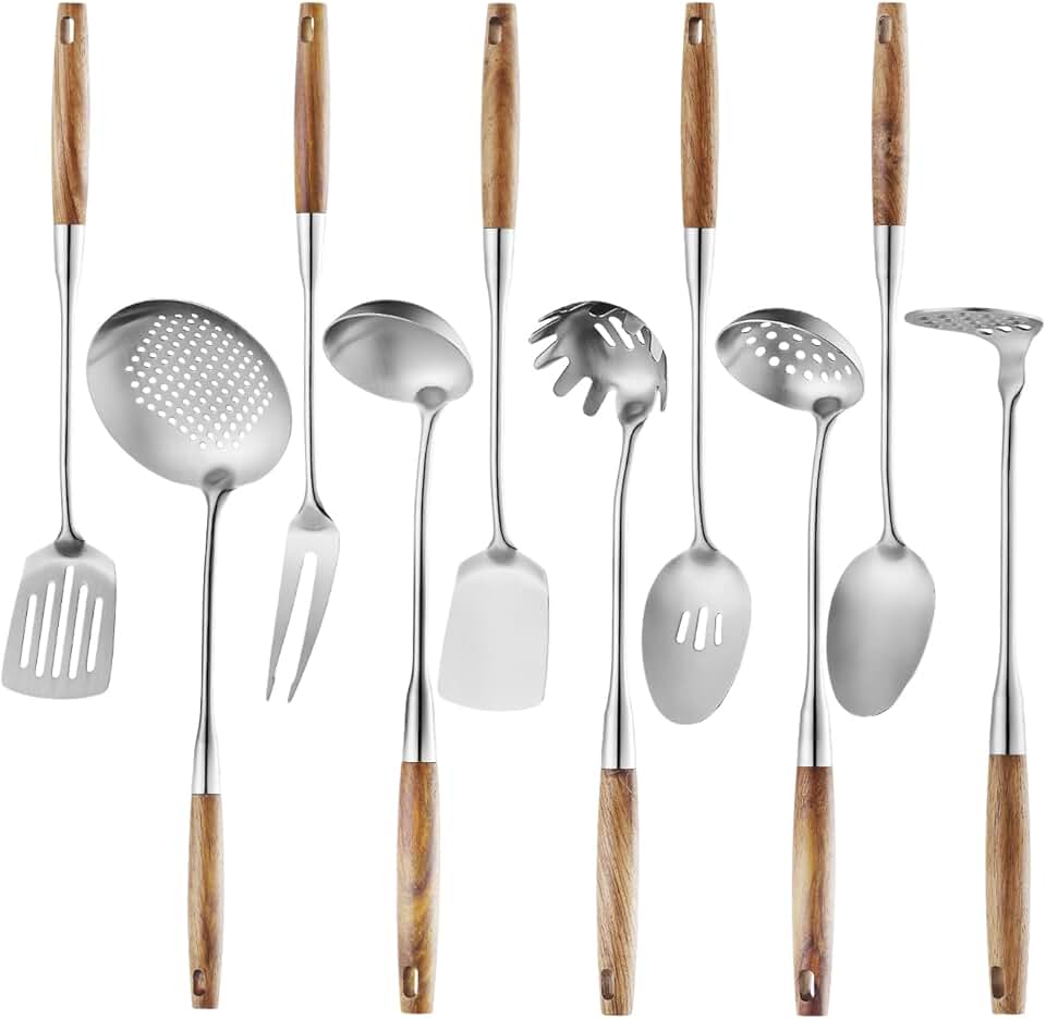 Set of 10 Stainless Steel Cooking Utensils with Wooden Handles