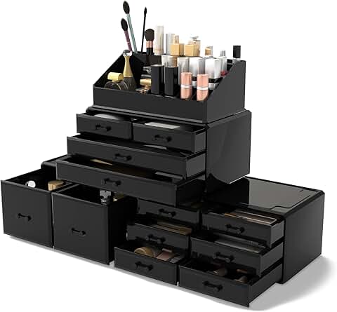 Black 12-Drawer Makeup Organizer with Storage Boxes