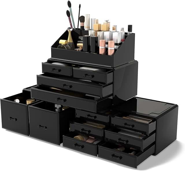 Black 12-Drawer Makeup Organizer with Storage Boxes