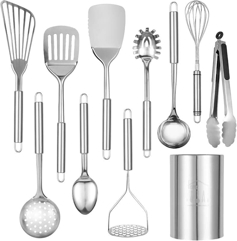 11-Piece Stainless Steel Cooking Utensils Set with Holder