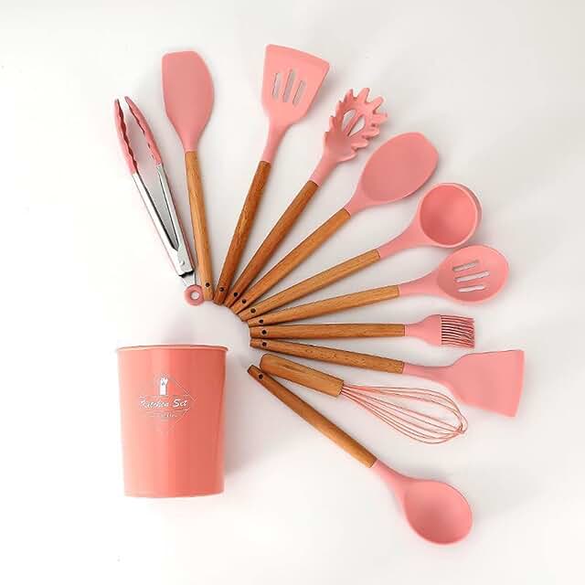 Pink 12-Piece Silicone Kitchen Utensil Set with Wooden Handles